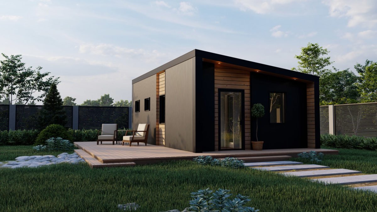 A modern Constraction garden suite at dusk